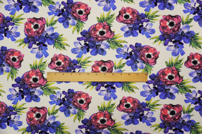 White-Purple-Multi Poly Stretch Floral Bullet Double Knit Fabric