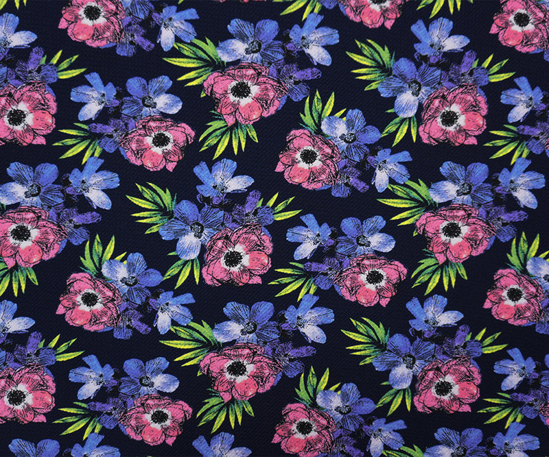 Deep Navy-Pink Poly Stretch Floral Bullet Double Knit Fabric
