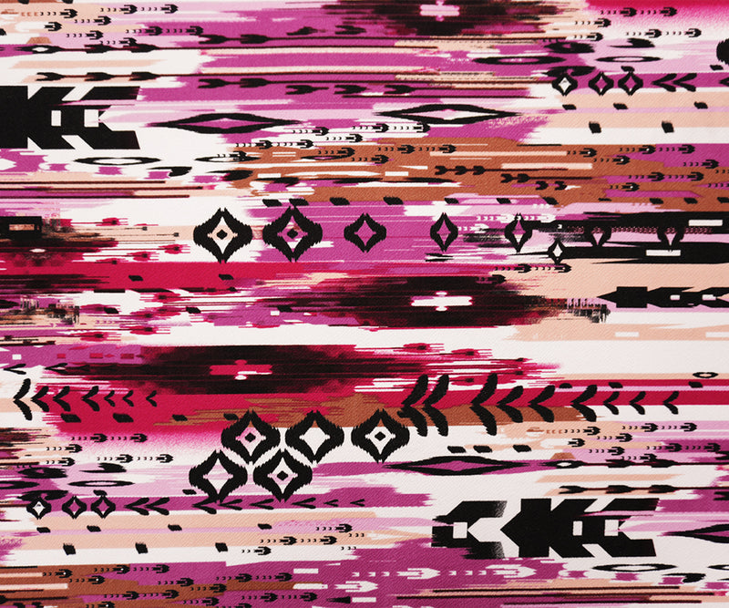 Pink-Brown-Multi Poly Abstract Ikat Liverpool Double Knit Fabric