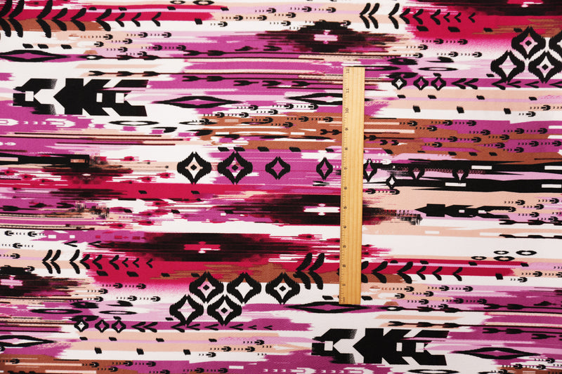 Pink-Brown-Multi Poly Abstract Ikat Liverpool Double Knit Fabric