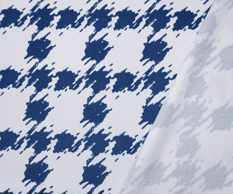 White-Blue Poly Houndstooth Printed Liverpool Double Knit Fabric