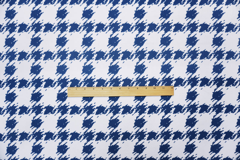 White-Blue Poly Houndstooth Printed Liverpool Double Knit Fabric