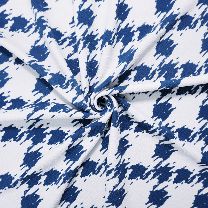 White-Blue Poly Houndstooth Printed Liverpool Double Knit Fabric