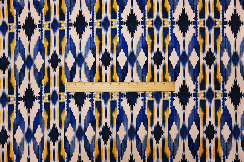 Blue-Beige-Multi Poly Aztec Liverpool Double Knit Fabric