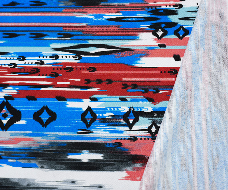 Blue-Multi Poly Abstract Ikat Printed Liverpool Double Knit Fabric