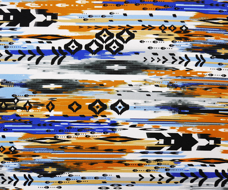 Brown-Blue-Multi Poly Abstract Ikat Liverpool Double Knit Fabric