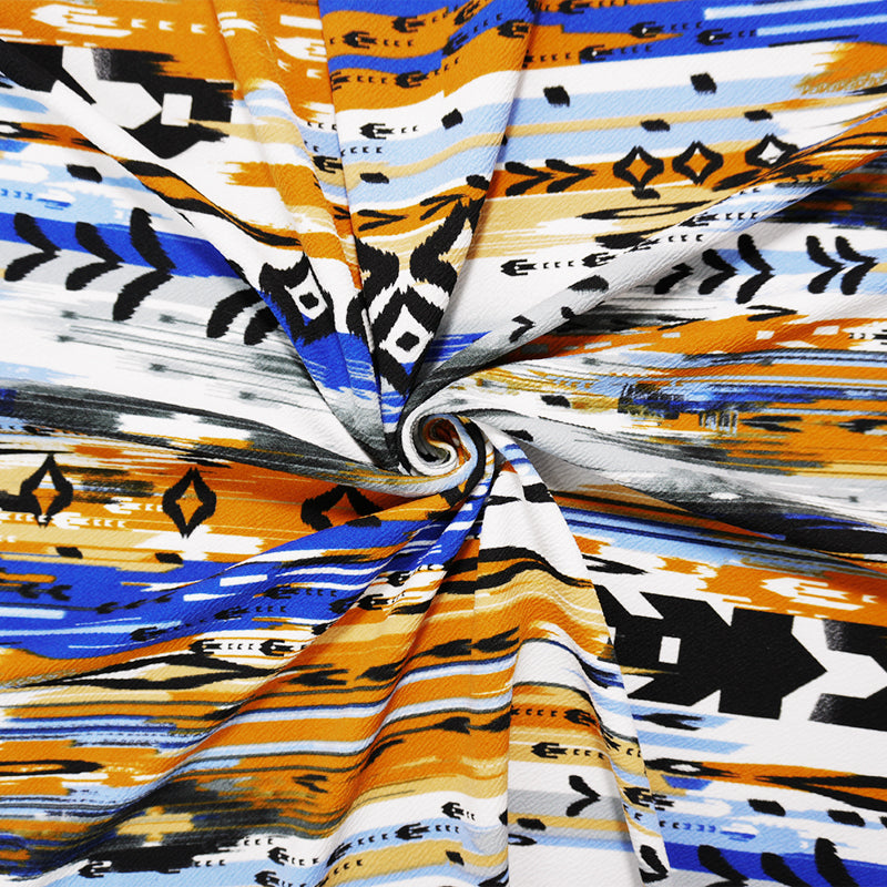 Brown-Blue-Multi Poly Abstract Ikat Liverpool Double Knit Fabric