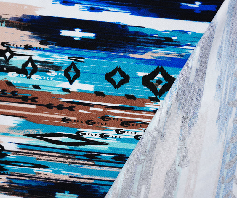 Blue-Multi Poly Abstrct Ikat Slub Liverpool Double Knit Fabric