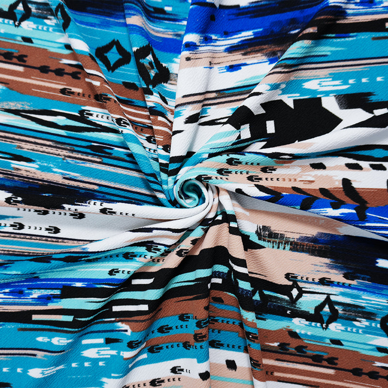 Blue-Multi Poly Abstrct Ikat Slub Liverpool Double Knit Fabric
