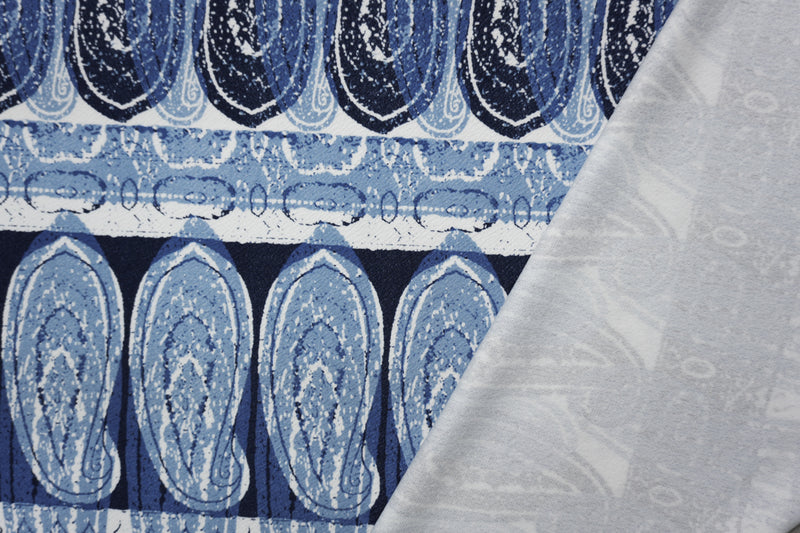 Blue-White Poly Paisley Printed Liverpool Double Knit Fabric