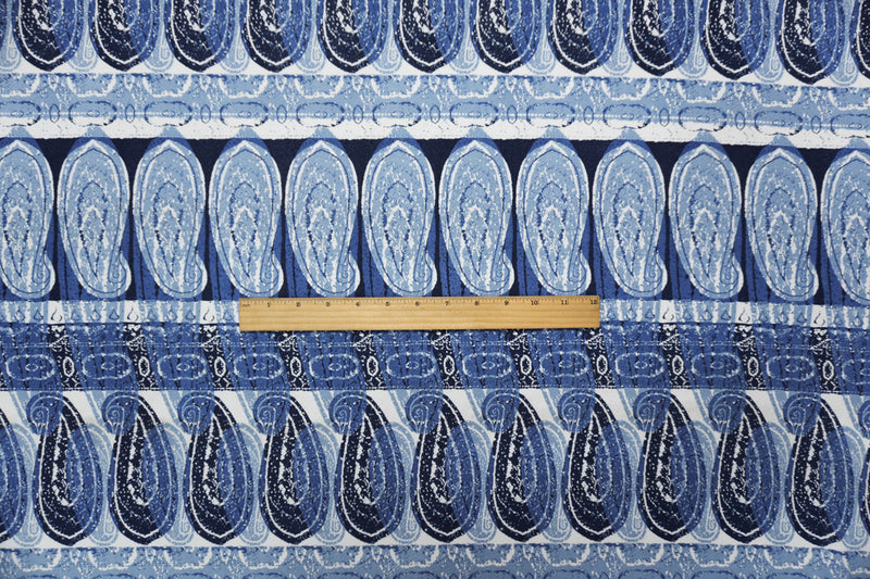 Blue-White Poly Paisley Printed Liverpool Double Knit Fabric