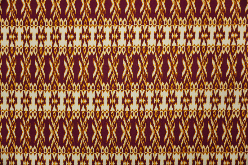 Red-Multi Poly Ikat Printed Liverpool Double Knit Fabric