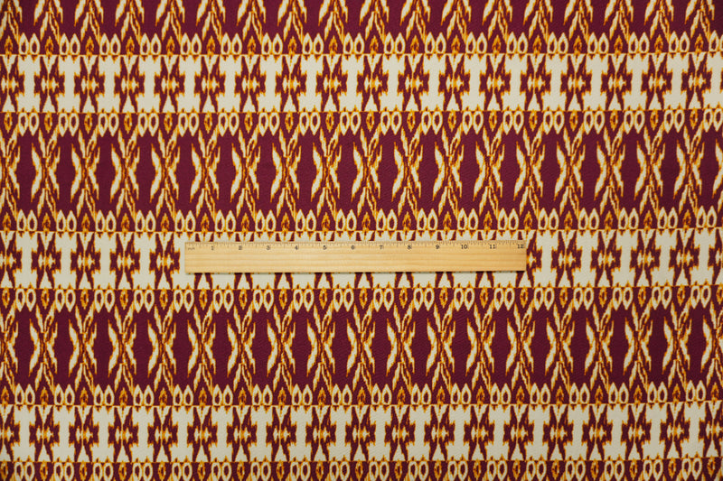 Red-Multi Poly Ikat Printed Liverpool Double Knit Fabric