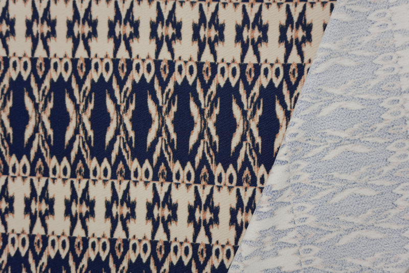Navy-Multi Poly Ikat Printed Liverpool Double Knit Fabric