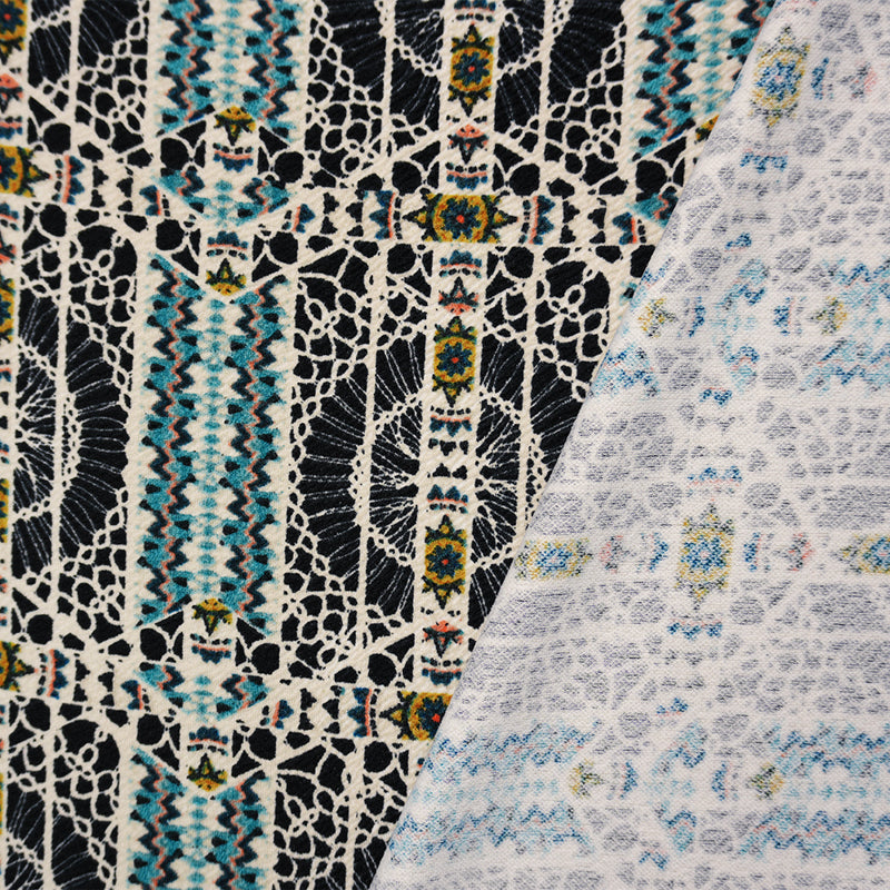 Black-Teal-Multi Poly Tribal Printed Liverpool Double Knit Fabric