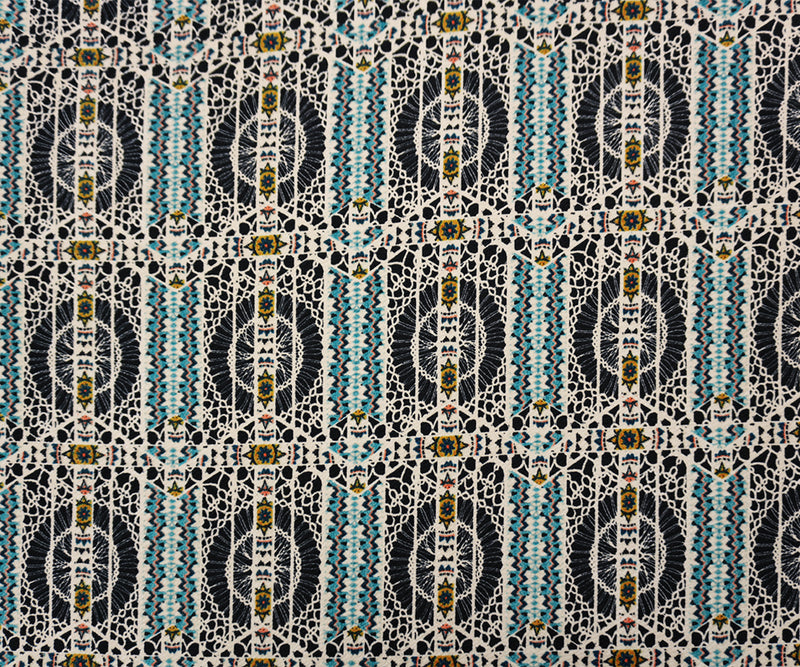 Black-Teal-Multi Poly Tribal Printed Liverpool Double Knit Fabric
