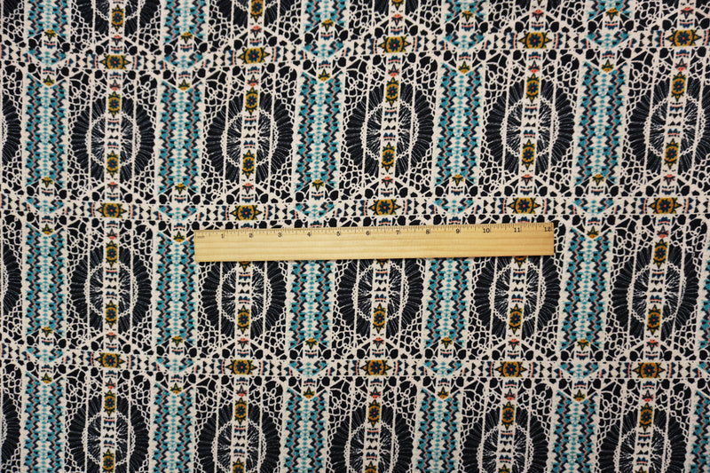 Black-Teal-Multi Poly Tribal Printed Liverpool Double Knit Fabric