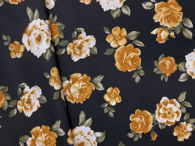 Black-Yellow Poly Floral Printed Liverpool Double Knit Fabric