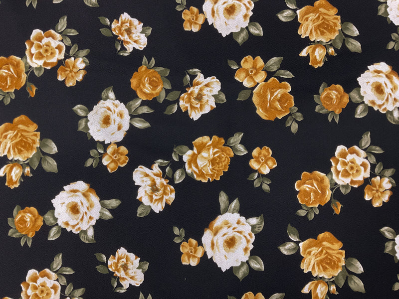 Black-Yellow Poly Floral Printed Liverpool Double Knit Fabric