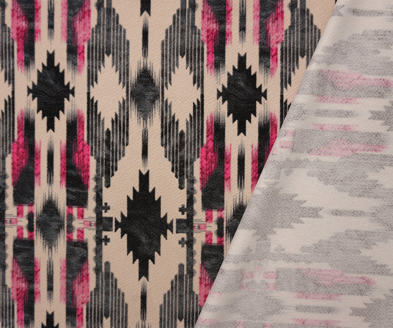 Beige-Red-Multi Poly Ikat Printed Liverpool Double Knit Fabric