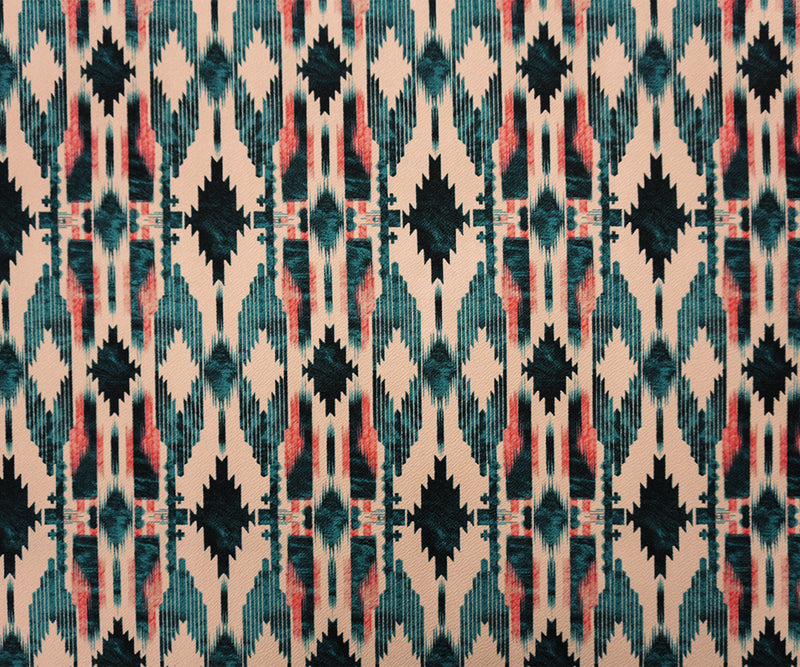 Beige-Teal-Multi Poly Aztec Printed Liverpool Double Knit Fabric