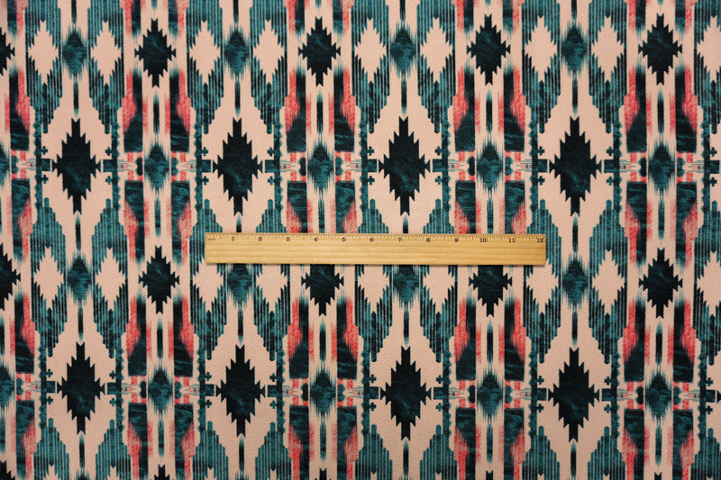 Beige-Teal-Multi Poly Aztec Printed Liverpool Double Knit Fabric