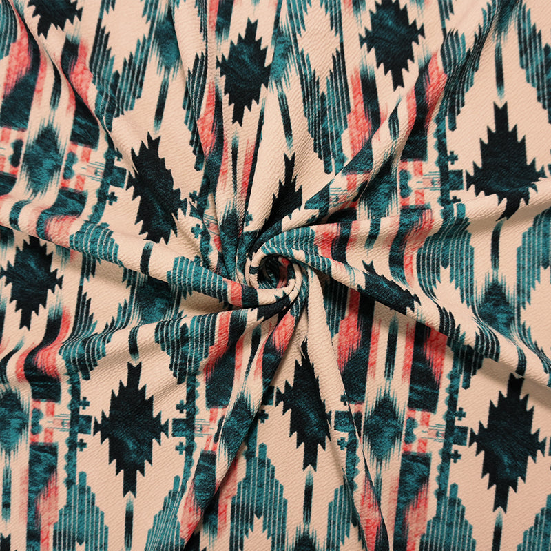 Beige-Teal-Multi Poly Aztec Printed Liverpool Double Knit Fabric