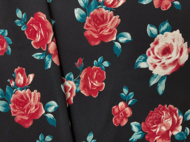 Black-Pink-Multi Poly Floral Printed Liverpool Double Knit Fabric