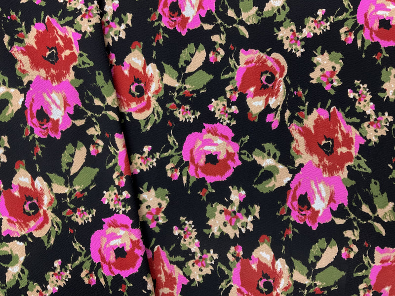 Black-Red-Multi Poly Floral Printed Liverpool Double Knit Fabric