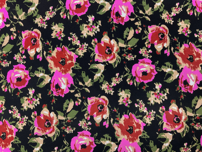 Black-Red-Multi Poly Floral Printed Liverpool Double Knit Fabric