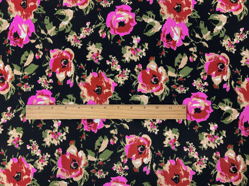 Black-Red-Multi Poly Floral Printed Liverpool Double Knit Fabric