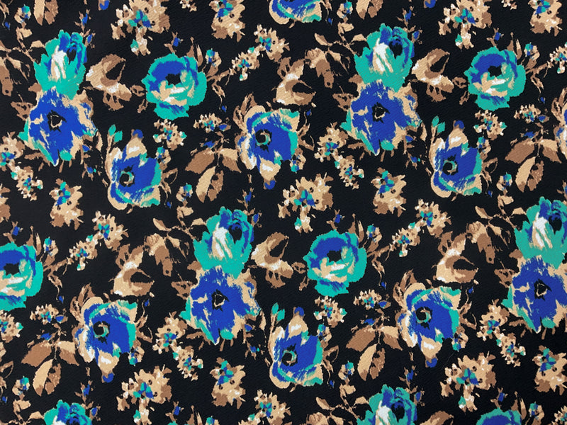 Black-Blue-Multi Poly Floral Printed Liverpool Double Knit Fabric