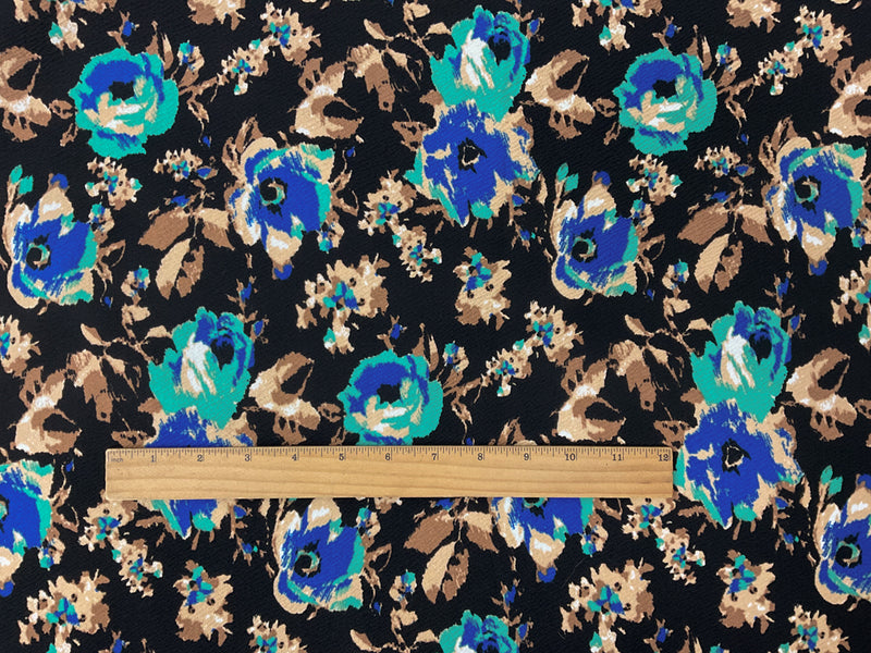 Black-Blue-Multi Poly Floral Printed Liverpool Double Knit Fabric