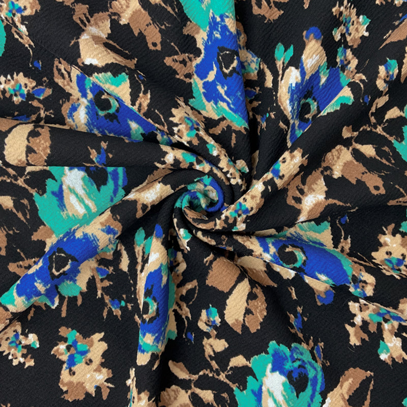 Black-Blue-Multi Poly Floral Printed Liverpool Double Knit Fabric