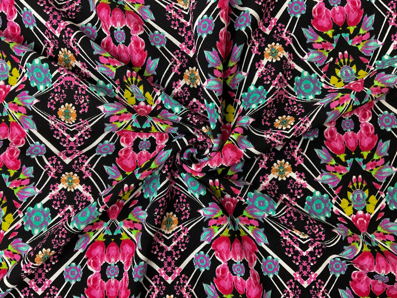 Black-Pink-Multi Poly Floral Print Liverpool Double Knit Fabric