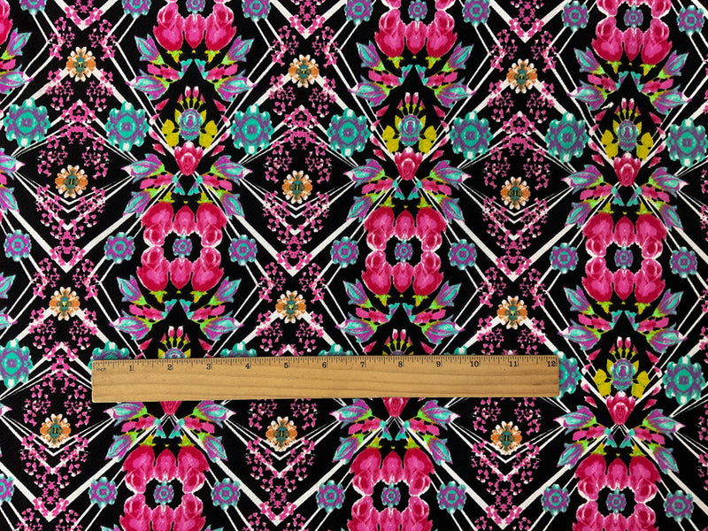 Black-Pink-Multi Poly Floral Print Liverpool Double Knit Fabric