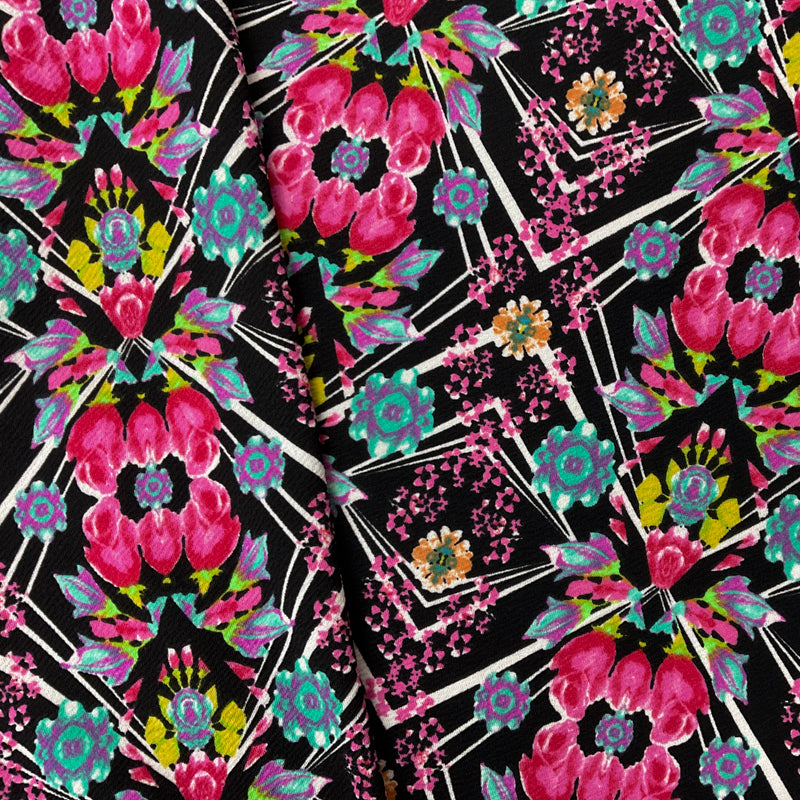 Black-Pink-Multi Poly Floral Print Liverpool Double Knit Fabric