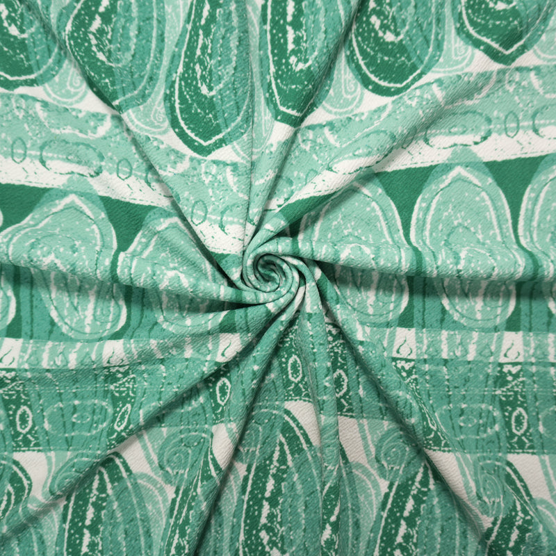 Green-White Poly Paisley Printed Liverpool Double Knit Fabric