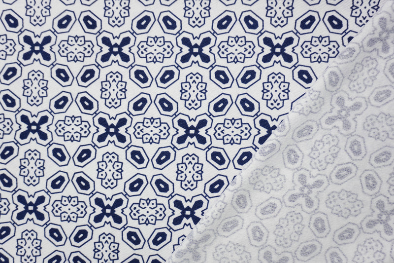 Blue-White Poly Geometric Border Liverpool Double Knit Fabric