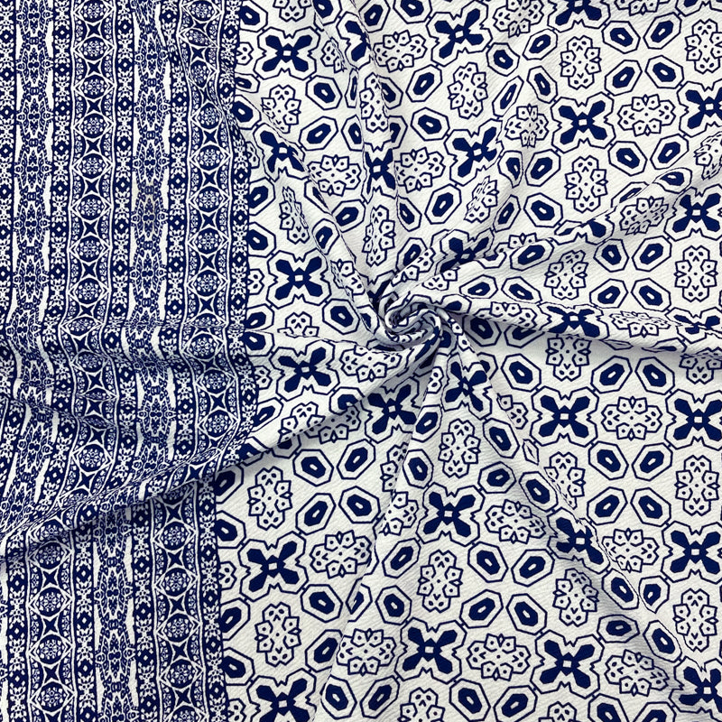 Blue-White Poly Geometric Border Liverpool Double Knit Fabric