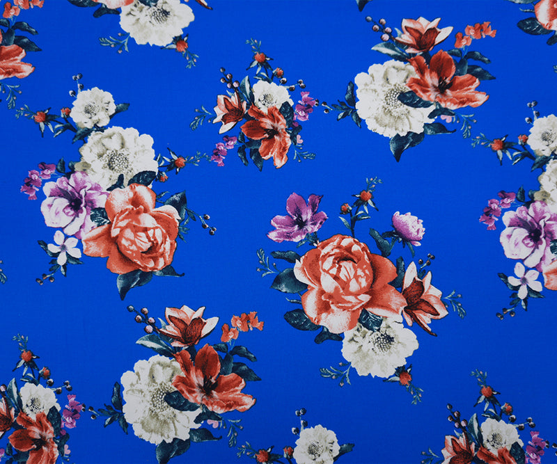 Blue-Orange-Multi Poly Floral Double Brushed Jersey Knit Fabric