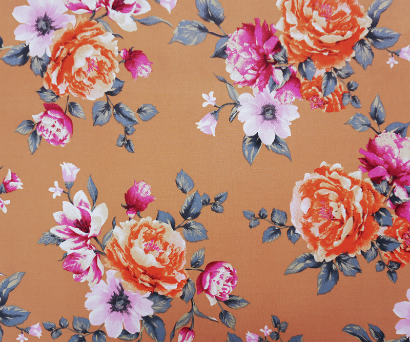 Tan Beige-Multi Poly Floral Double Brushed Jersey Knit Fabric