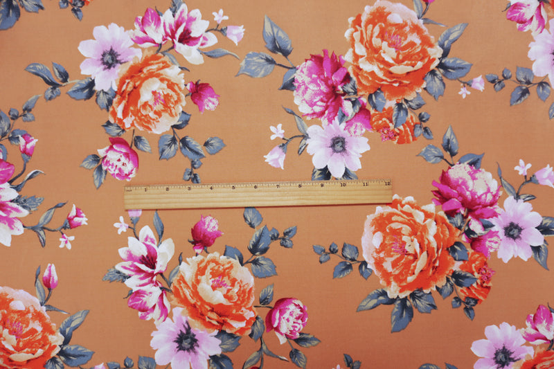 Tan Beige-Multi Poly Floral Double Brushed Jersey Knit Fabric