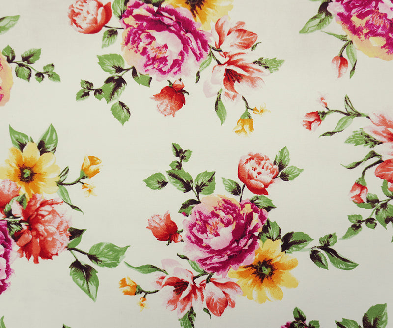 Ivory-Red-Multi Poly Floral Double Brushed Jersey Knit Fabric
