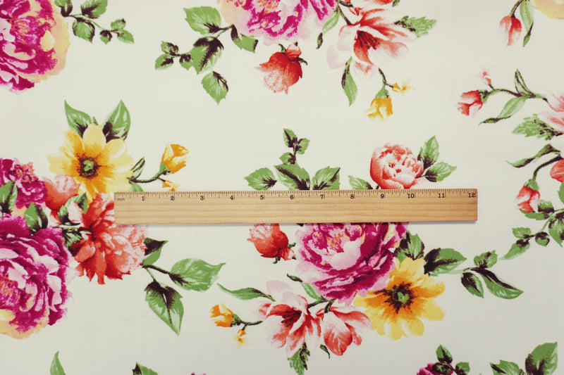 Ivory-Red-Multi Poly Floral Double Brushed Jersey Knit Fabric