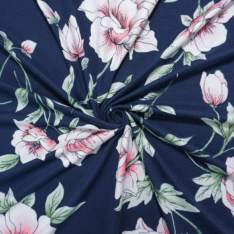 Navy-Coral-Multi Poly Floral Double Brushed Jersey Knit Fabric