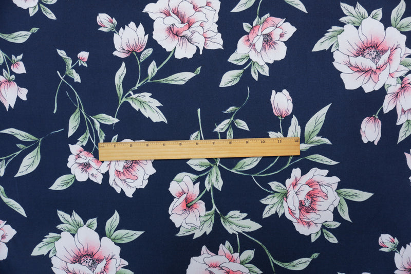 Navy-Coral-Multi Poly Floral Double Brushed Jersey Knit Fabric