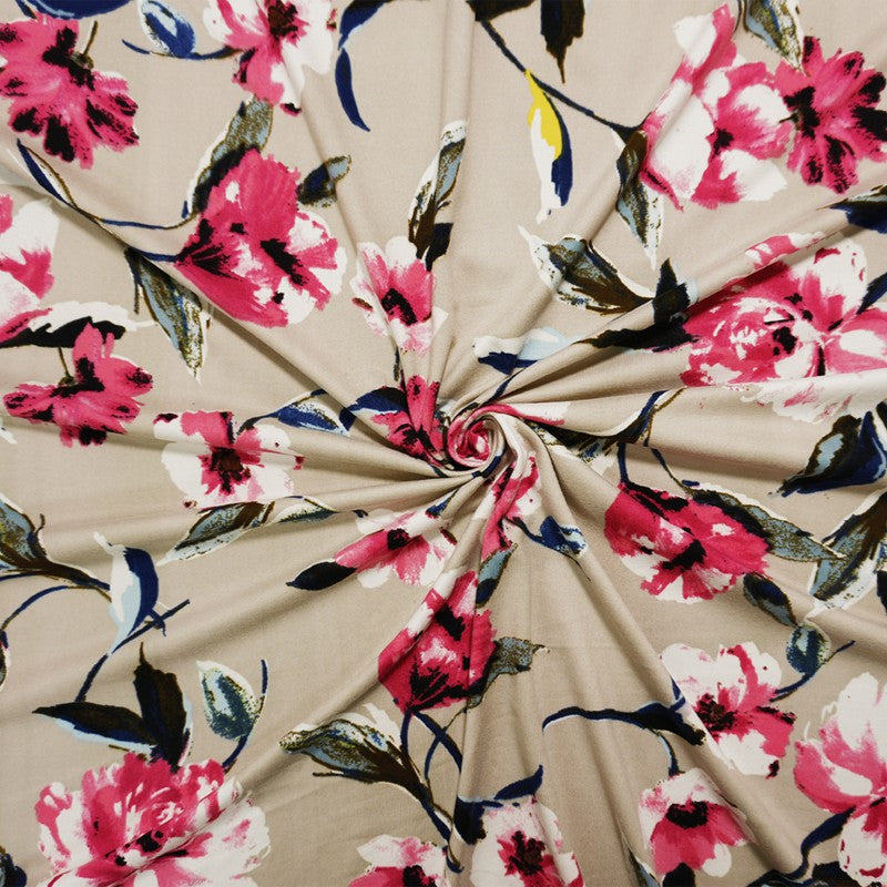 Taupe-Pink-Multi Poly Floral Double Brushed Jersey Knit Fabric