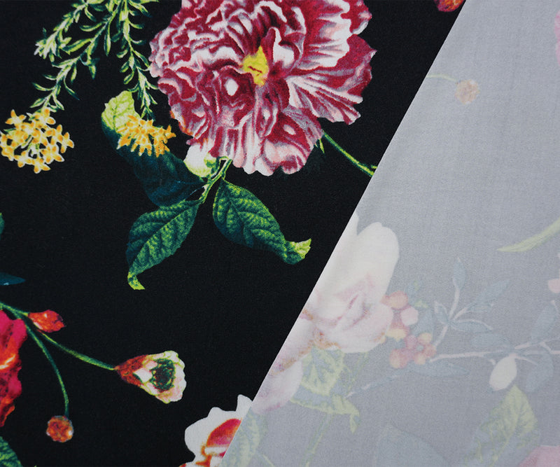 Black-Red-Green Poly Floral Double Brushed Jersey Knit Fabric