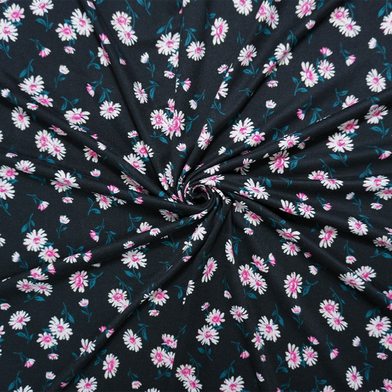 Black-Pink-Teal Poly Floral Double Brushed Jersey Knit Fabric